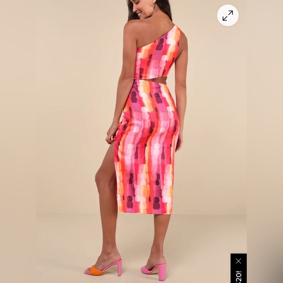 Lulus Luminous Vibes Hot Pink Abstract One-Shoulder Cutout Midi Dress XL New - Picture 3 of 16